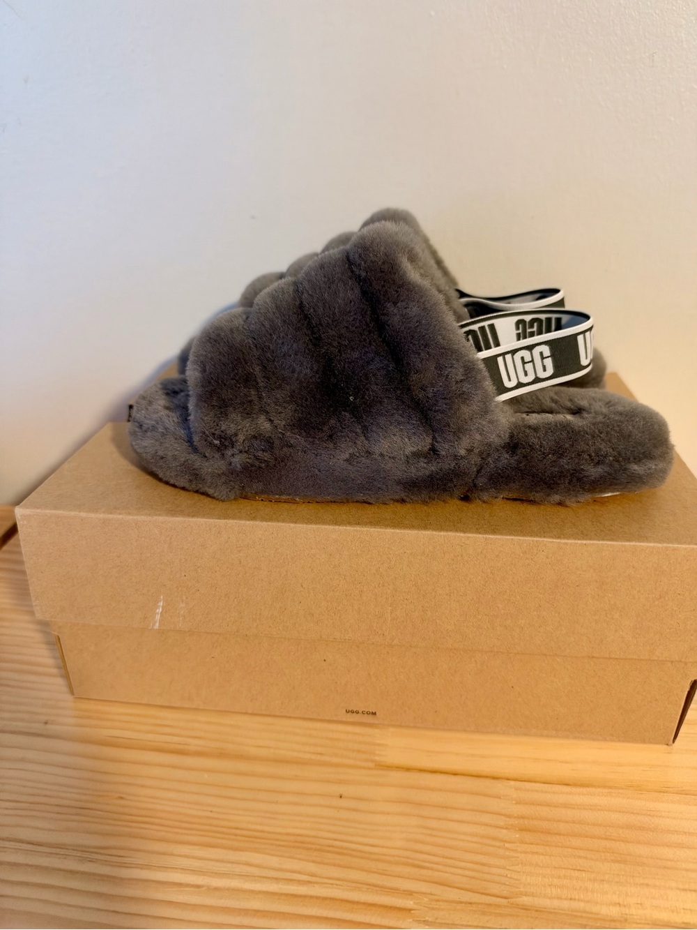 Brand new UGG Charcoal Gray Fluff Slide with Heel Strap Kids 6, Women 7.5